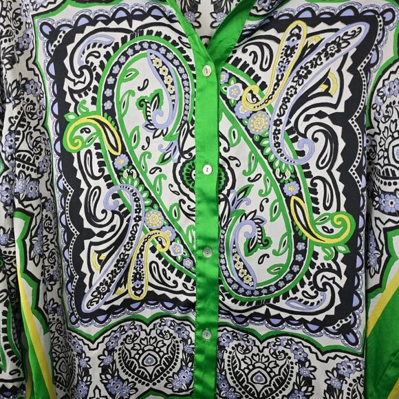 Zara Green Paisley Floral Satin Scarf Button Down Blouse Boho St Patty Day M - Picture 10 of 14